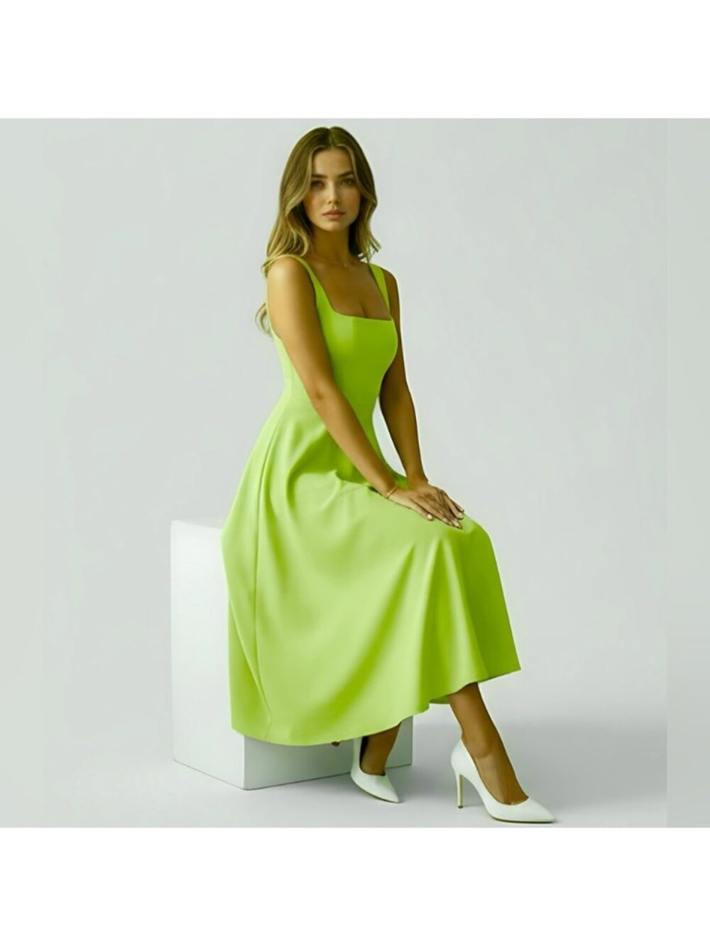 A-Line Sexy Bodice Midi Dress Lime Green - Picture 3 of 9